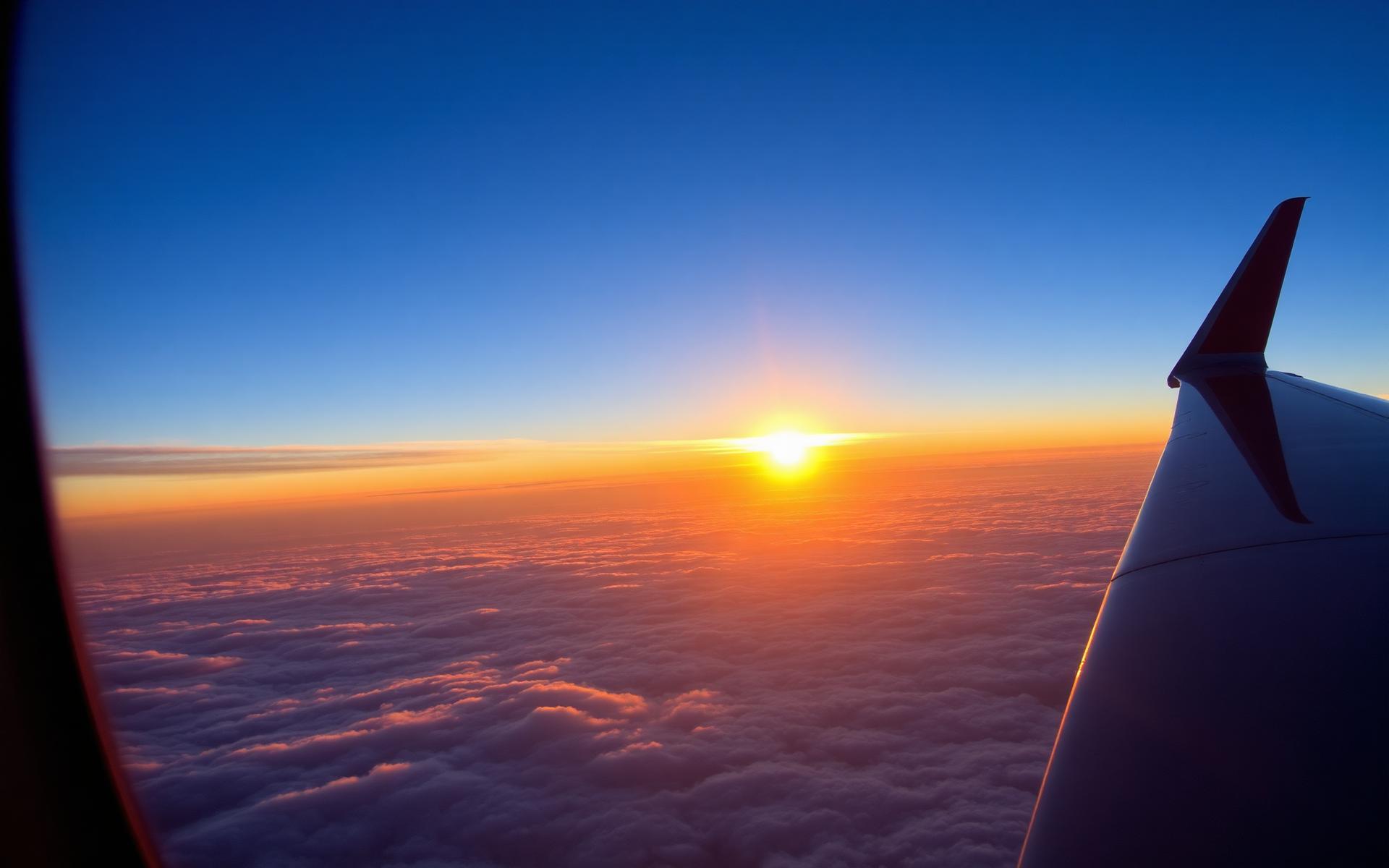 View from an airplane window at sunrise above the clouds